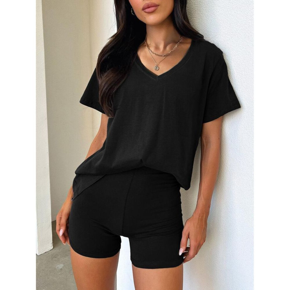 (black, XS) Women's V-Neck Short-Sleeved Solid Color Fashion Suit for Spring/Summer 2025