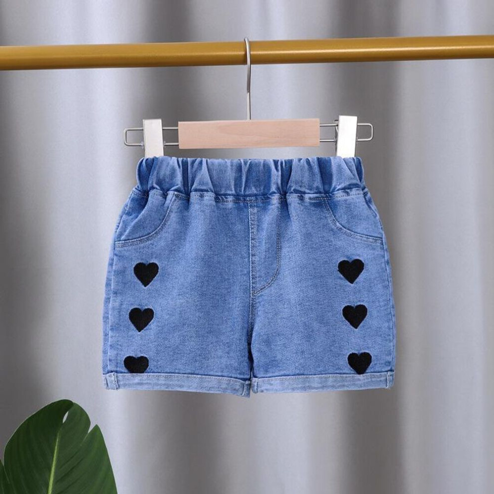(as the picture, Embroidered denim shorts: Love heart, 120cm) Girls' Stylish Summer Denim Shorts - Lightweight, Elastic Jeans For Kids