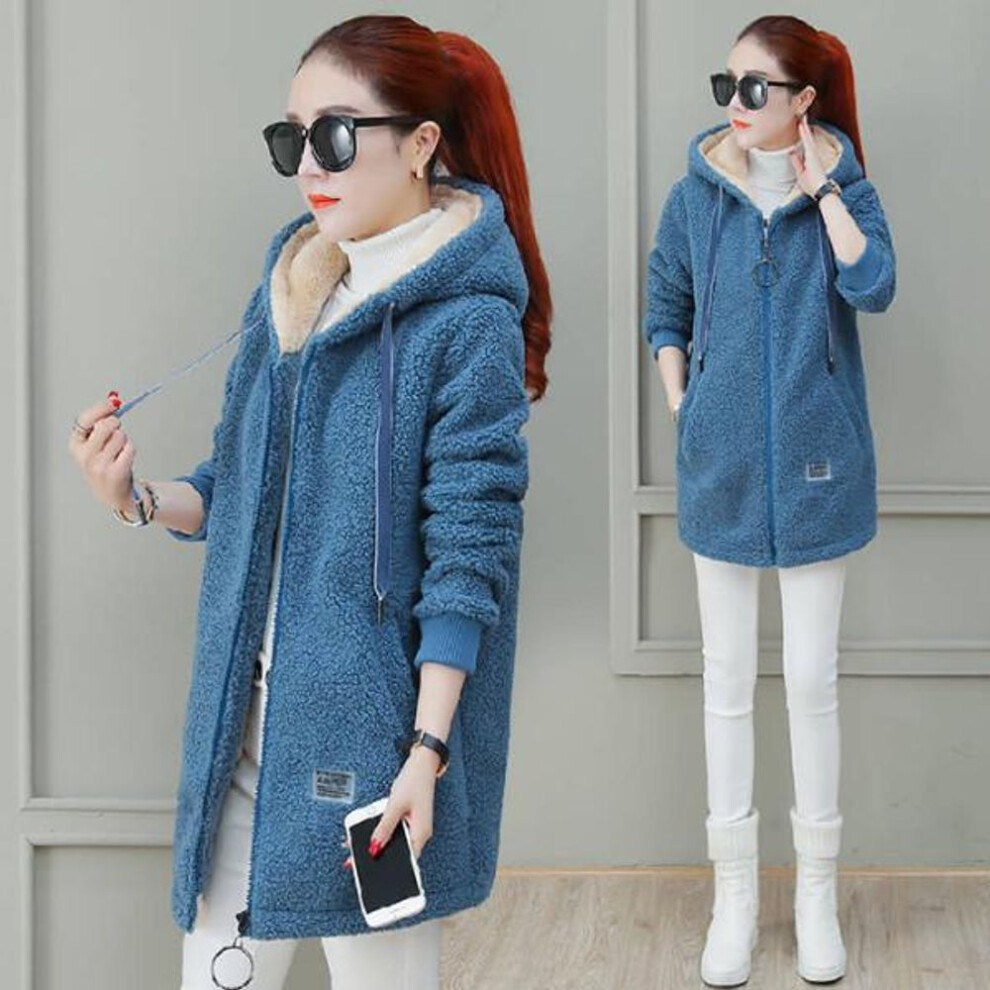 (denim blue, XL) Women's Plush Thickened Cardigan Sweater, New Style Autumn/Winter Imitation Lamb Wool Coat