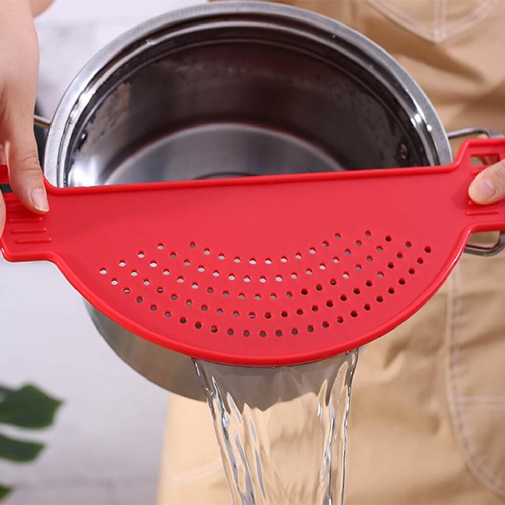 (red) Creative Plastic Drain Basket Wash Rice Filter Leak Proof Baffle Kitchen Gadget Pot Side Drainer