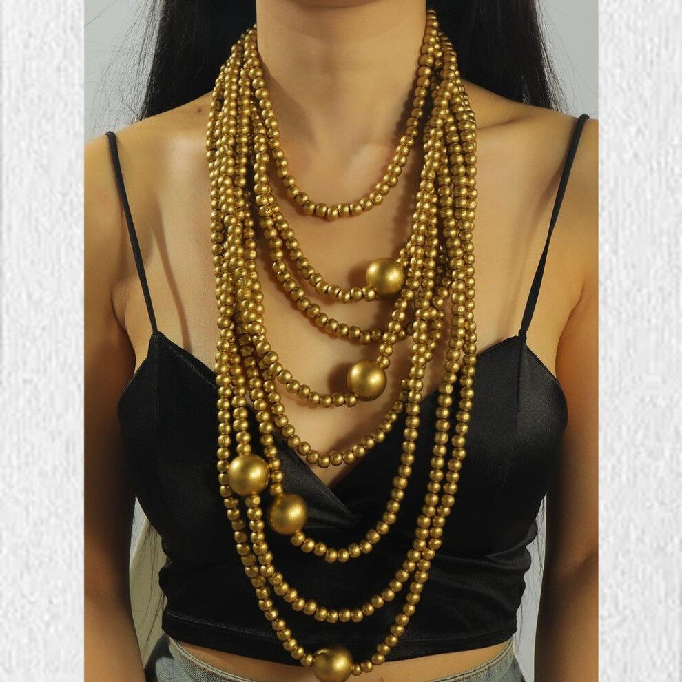 (gold) Exaggerated Personality Atmosphere Round Wooden Beads Multi-Layer Pendant Collarbone Chain Fashionable Exquisite Versatile Necklace Women