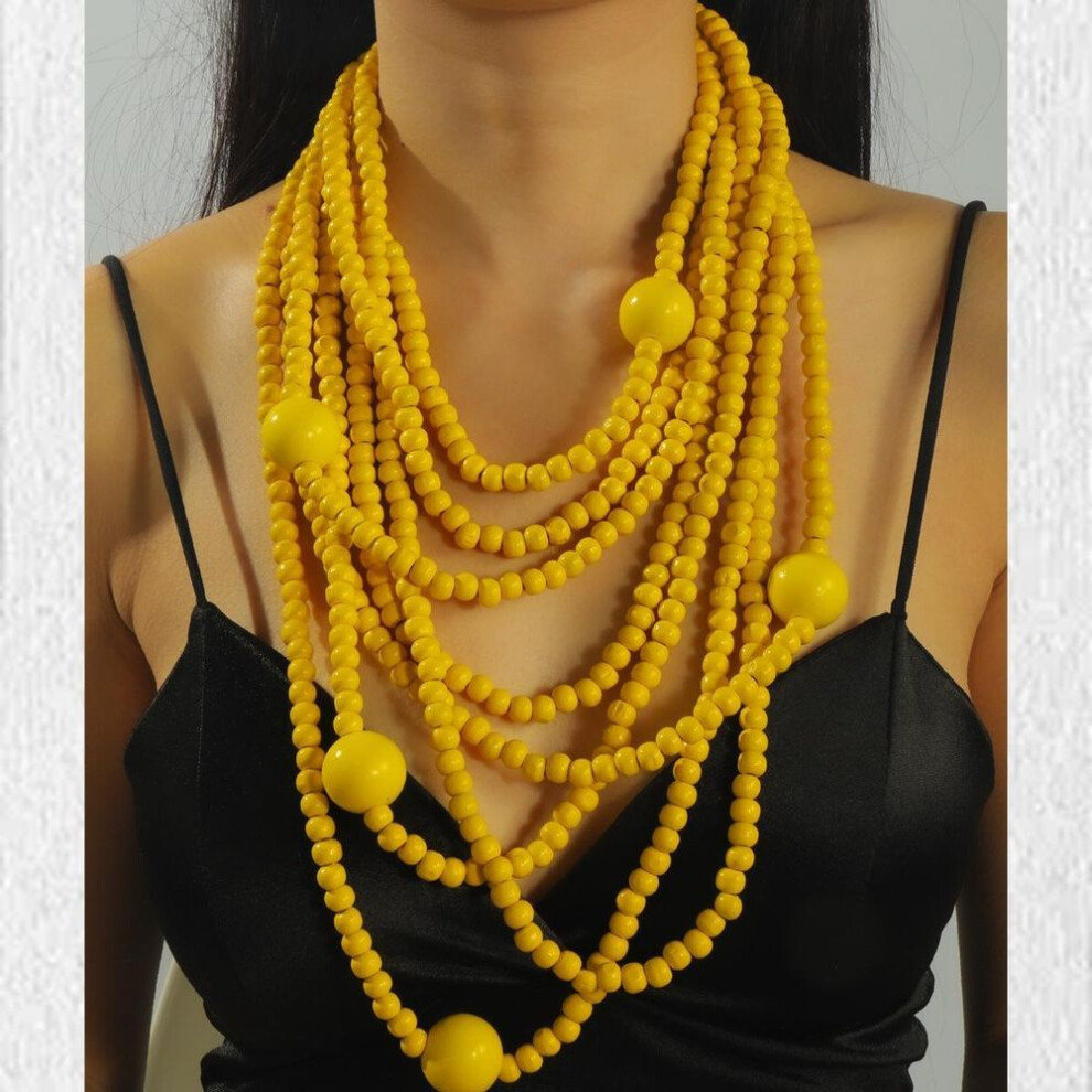 (yellow) Exaggerated Personality Atmosphere Round Wooden Beads Multi-Layer Pendant Collarbone Chain Fashionable Exquisite Versatile Necklace Women