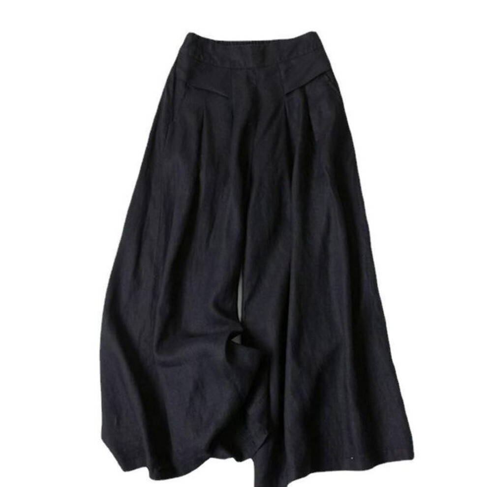 (as the picture, L) Lotte 2024 Women's Semi-elastic Mid-waist Linen Wide-leg Pants - Summer Thin Nine-point Style