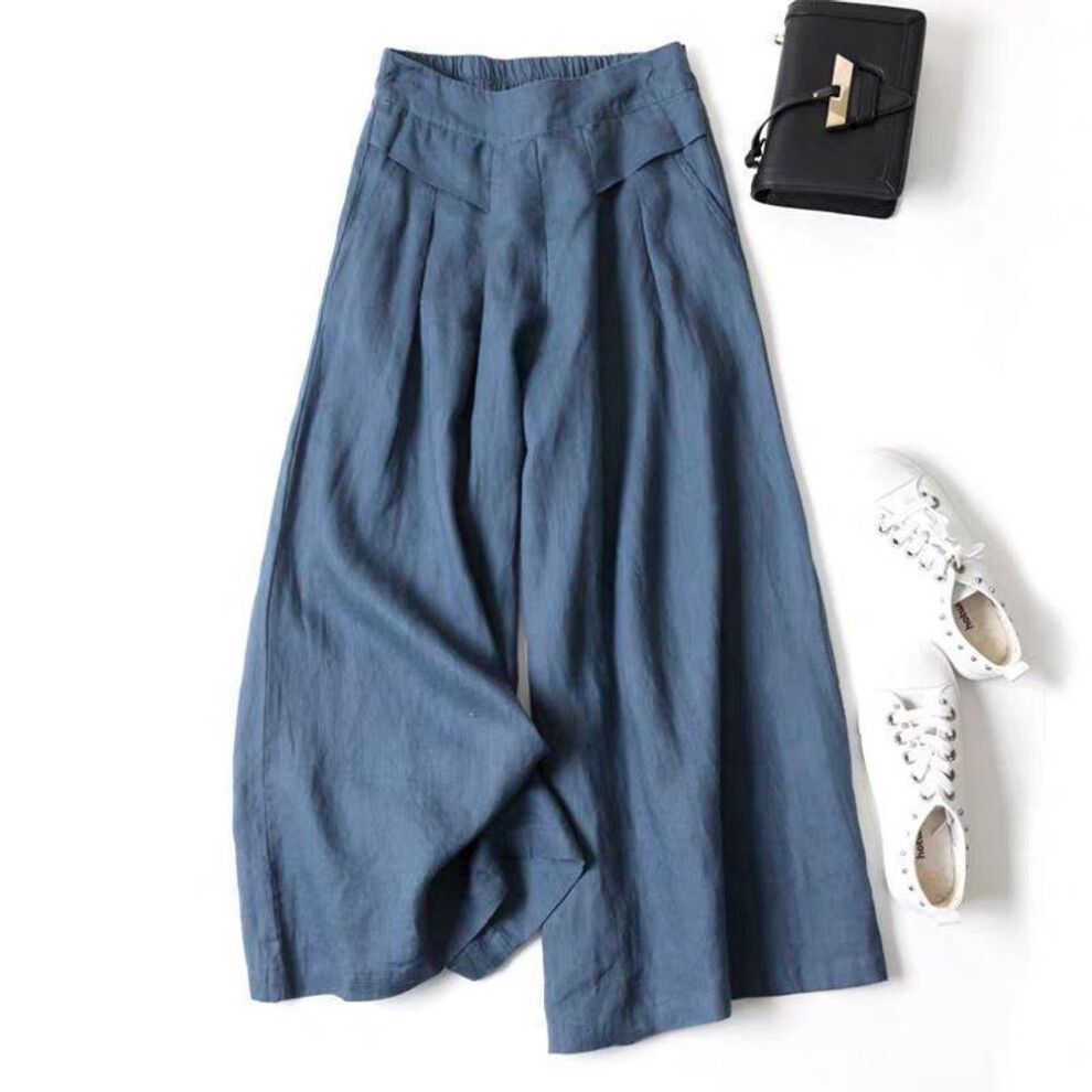 (navy, L) Lotte 2024 Women's Semi-elastic Mid-waist Linen Wide-leg Pants - Summer Thin Nine-point Style