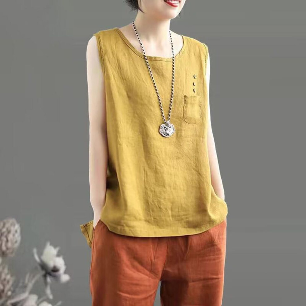 (4XL, yellow) Women's Cotton & Linen Artistic Sleeveless Vest - Solid Color, Round Neck, Slim Fit Camisole For Spring/summer