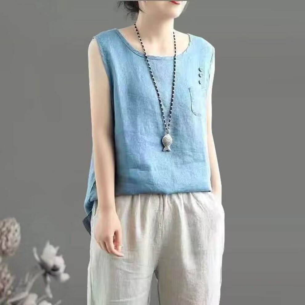 (2XL, blue) Women's Cotton & Linen Artistic Sleeveless Vest - Solid Color, Round Neck, Slim Fit Camisole For Spring/summer