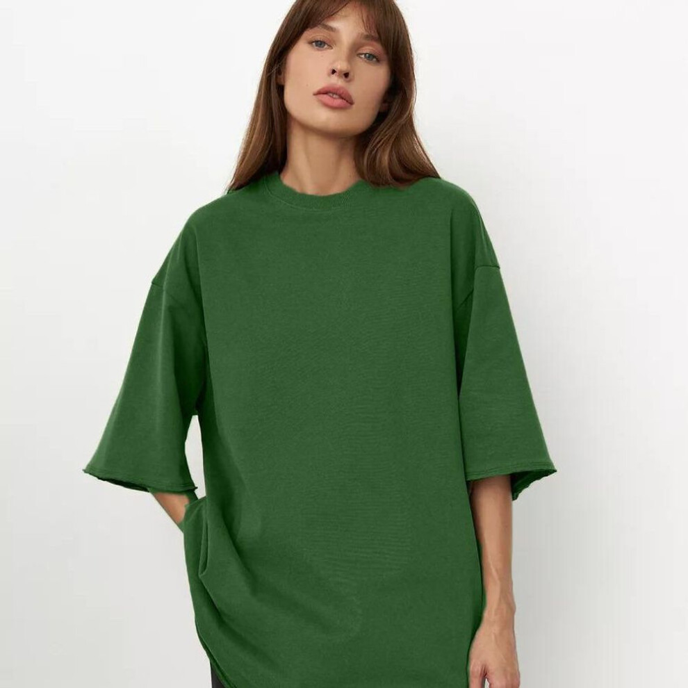 (L, dark green) Women's Oversized Short Sleeve T-Shirts Basic Crewneck Tee Summer Breathable Loose Fit Casual Workout Solid Color Cotton Pullover Tops for Women
