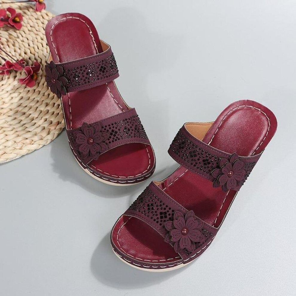 (purple, 41) 2023 Women's Floral Wedge Sandals for Leisure and Vacation - Comfortable, Large Size, European and American Style.