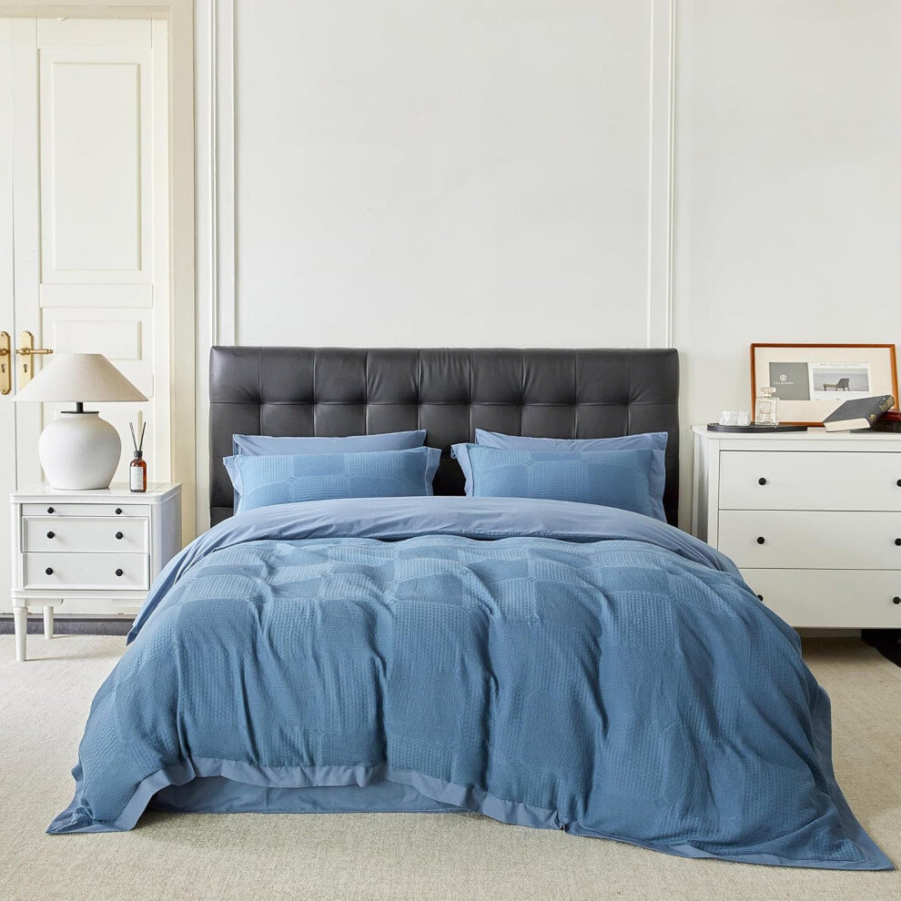 (Waffle Light Blue, Queen) YuHeGuoJi Blue Washed Cotton Duvet Cover King Cotton Waffle Weave Cotton Duvet Cover 3 Pcs Set 1 Soft Texctured Jacquard Duvet Cover with...