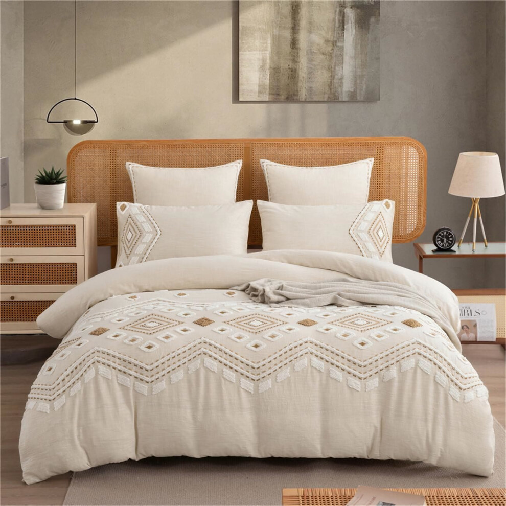 Boho Tufted Duvet Cover Set Queen Size 3 Pieces, Exclusive Handmade Embroidery, Prewashed Linen Cotton Fabric, Soft and Breathable, Keep ...