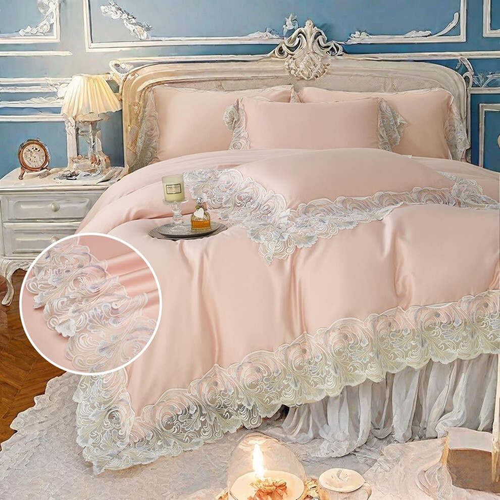 (D # Pink, Queen(90" x 90")) mixinni Luxury Premium 100% Egypaian Cotton Percale Duvet Cover Sets With Exquisite Blue Gold Floral Embroidery Lace Border Pink Bedding ...