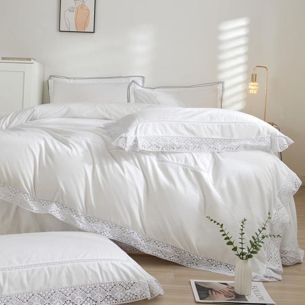 (Queen (90"x90")) Ranznaz White Lace Duvet Cover King Size, 100% Cotton 3 Pieces Eyelet Duvet Cover Set for Farmhouse Vintage French Country Style, Romanti...