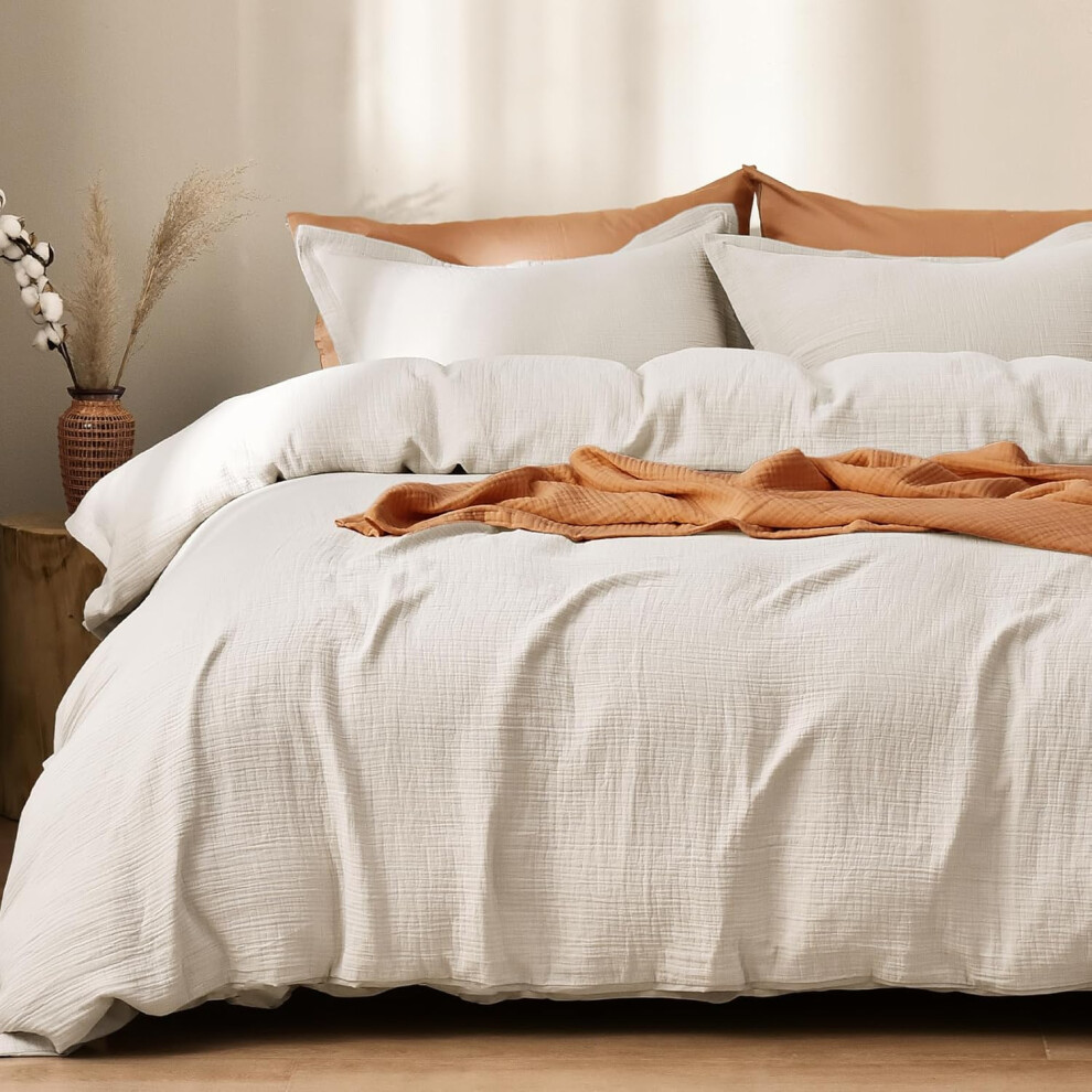 (Light Grey (No Comforter), Queen) PHF 100% Cotton Muslin Duvet Cover Set Queen Size, Soft Breathable Linen Like Guaze Textured Bedding Comforter Cover 3 Pieces for All Sea...