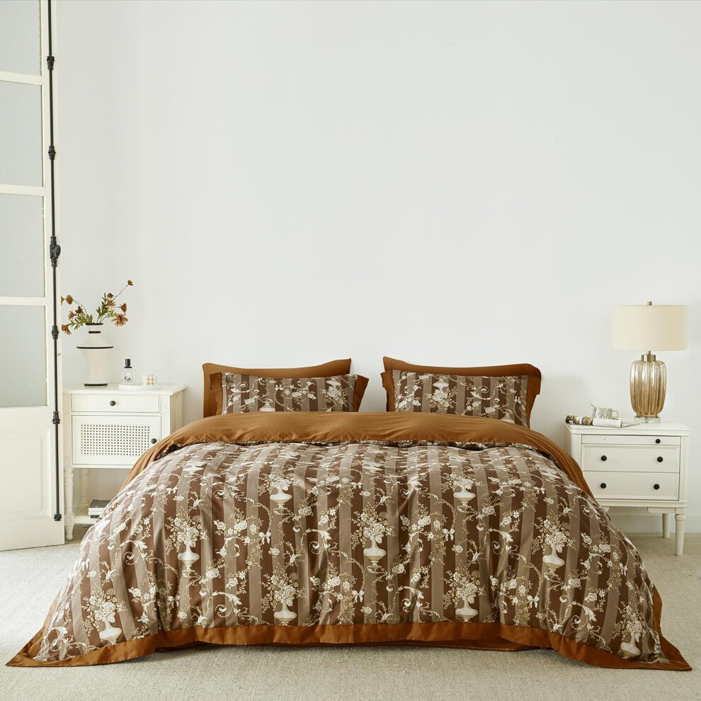 (Khaki Leaves Yellow Hemmed, King (90 in x 104 in)) SUSYBAO Brown Floral Duvet Cover Queen 100% Cotton 3 Pcs Set 1 White Vase Flower Duvet Cover with Zipper Ties 2 Pillow Shams Chocolate Br...