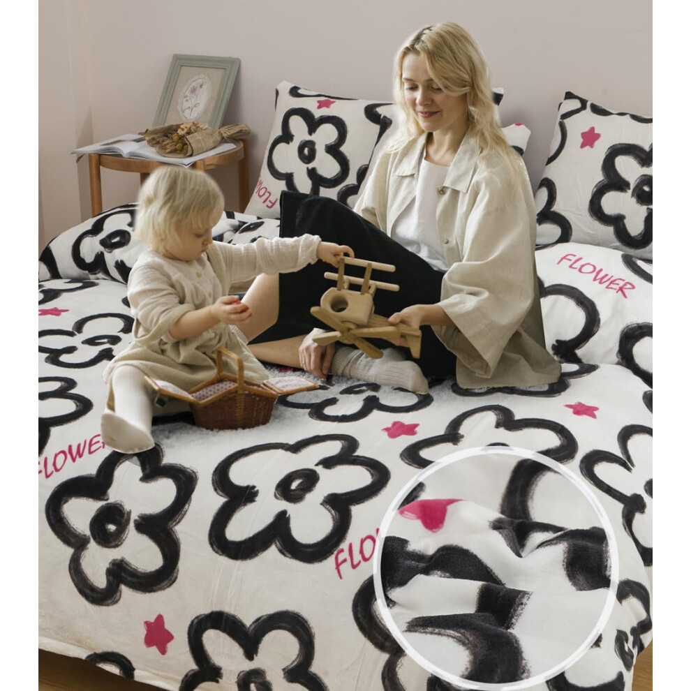 (Pink, Queen) CinYana Fluffy Duvet Cover Set Floral Duvet Cover 5 Piece Furry Fuzzy Comforter Cover Set,Flowers Bedding Sets Queen(Black and White,Queen)