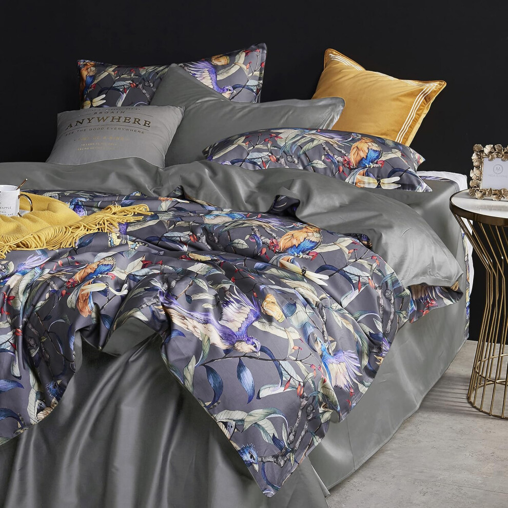 (Gray, King) Eikei Home Chinoiserie Chic Peacock Floral Duvet Cover Paradise Garden Botanical Bird and Tree Branches Vintage Stylized Long Staple Cott...