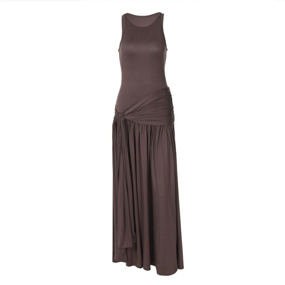 (brown, S) Pleated Patchwork Sleeveless Long Dresses Women Vintage Sliming O-neck Ruffles Solid Dresses Spring Summer Frocks
