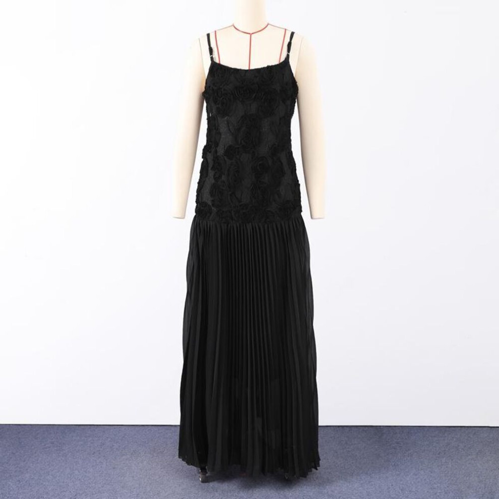(black, M) Women's Chiffon Dress Elegant White Backless 3D Flower Strap Dress Pleated A-line Patchwork Design Summer Beach Vacation Robe Evening Vestidos Dress