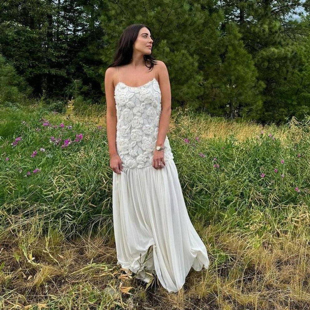 (white, S) Women's Chiffon Dress Elegant White Backless 3D Flower Strap Dress Pleated A-line Patchwork Design Summer Beach Vacation Robe Evening Vestidos Dress