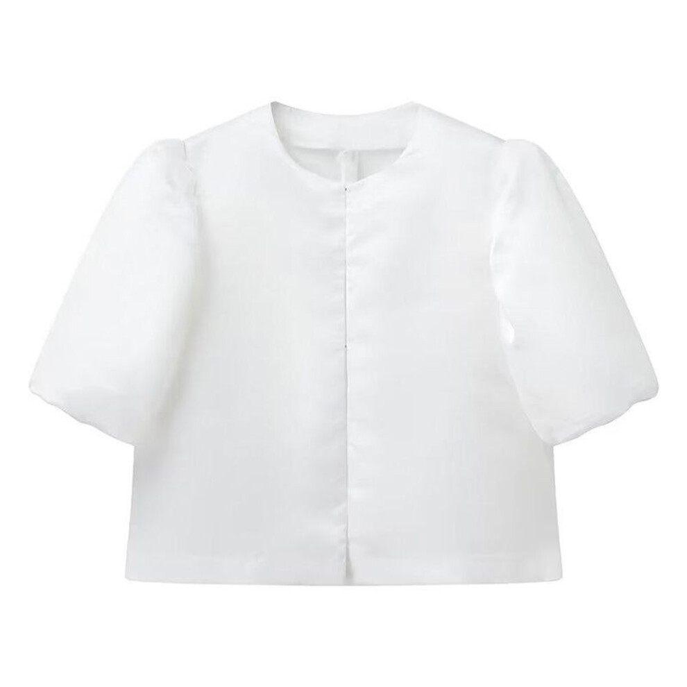 (L, white) Women's Blouse Top With Puffe Sleeve Solid Satin Shirt New Spring Summer Female Sleeves O Neck Loose Short Shirt Female Blouses