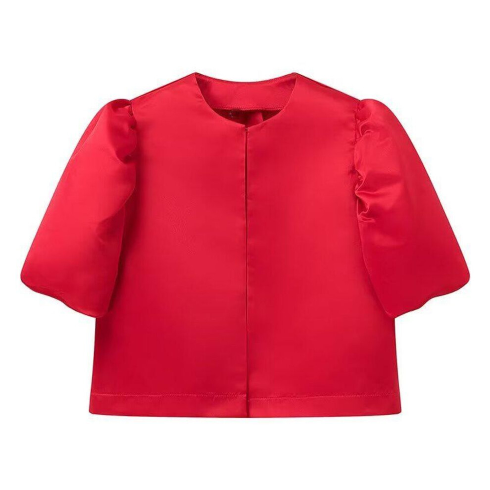 (S, red) Women's Blouse Top with Puffe Sleeve Solid Satin Shirt New Spring Summer Female Sleeves O Neck Loose Short Shirt Female Blouses