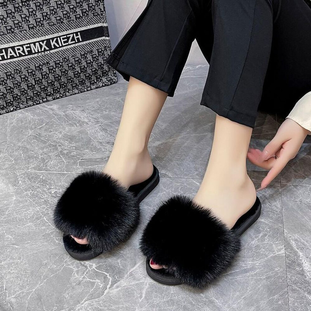 (black, 37) New Woman Slippers Winter Simple Word Fur Flats Soft Home Women Slippers Faux Fur Warm Bedroom Leisure Female Shoes