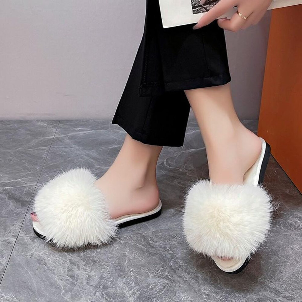 (beige, 42) New Woman Slippers Winter Simple Word Fur Flats Soft Home Women Slippers Faux Fur Warm Bedroom Leisure Female Shoes