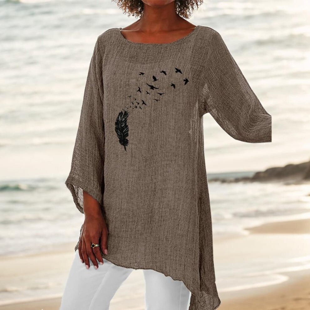 (XXL, khaki) Women Fashion 3/4 Sleeve Top Round Neck Print Blouse Ladies Thin Cotton Linen Shirt