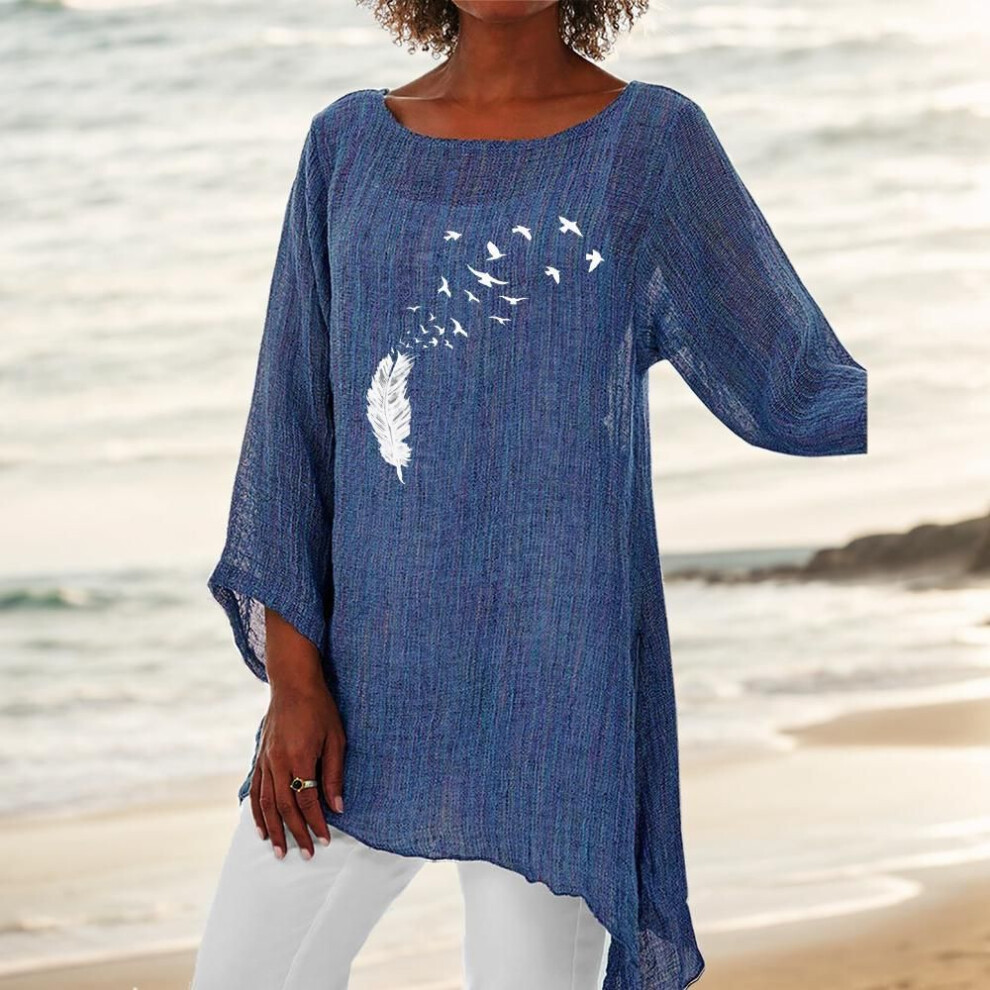 (S, blue) Women Fashion 3/4 Sleeve Top Round Neck Print Blouse Ladies Thin Cotton Linen Shirt