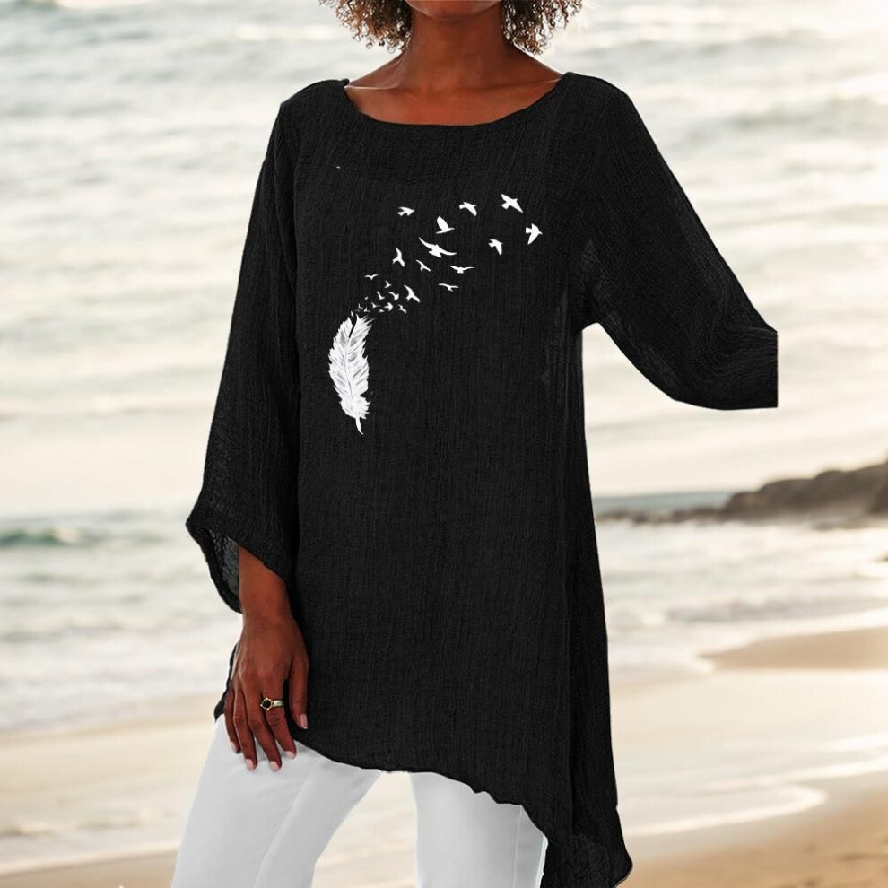(XXXL, black) Women Fashion 3/4 Sleeve Top Round Neck Print Blouse Ladies Thin Cotton Linen Shirt
