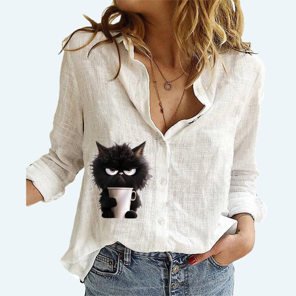 (3XL, white) Women Fashion Long Sleeve T-shirt Summer&autumn Lapel Neck Cotton Linen Loose Top Female Casual Print Blouse