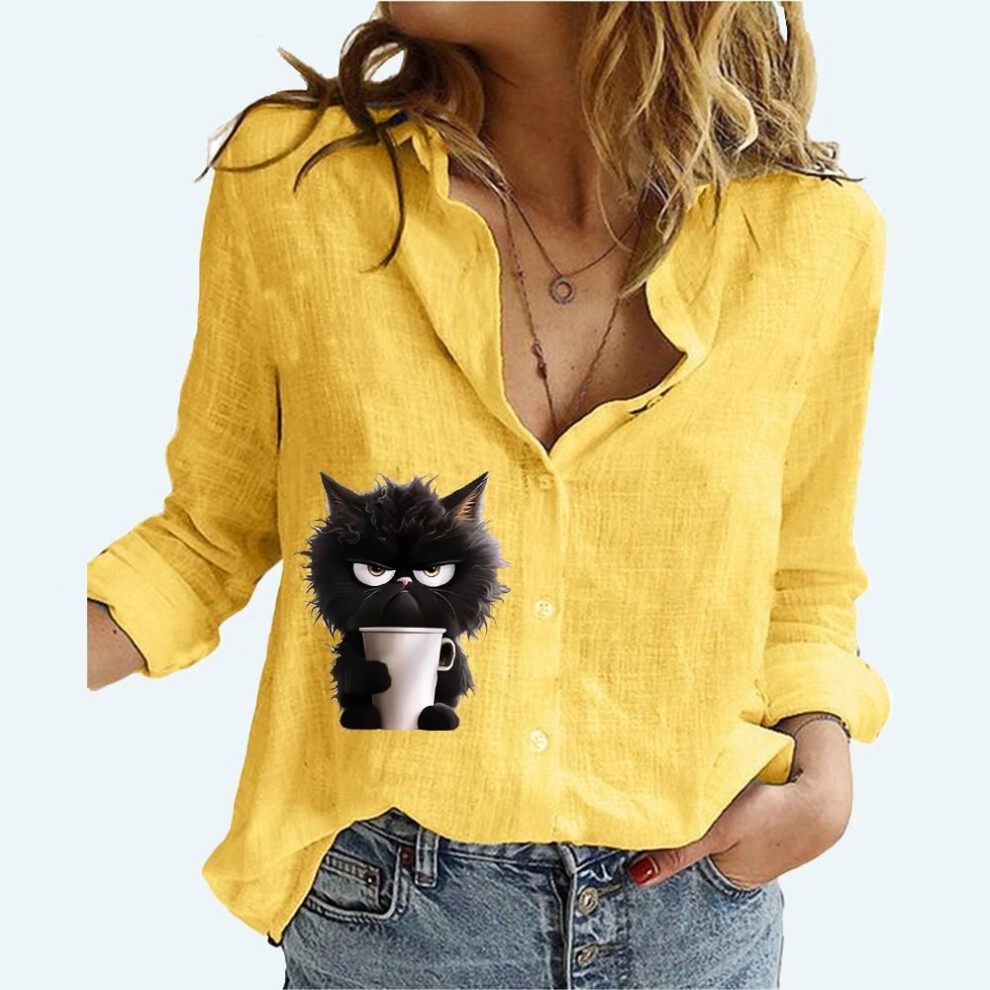 (S, yellow) Women Fashion Long Sleeve T-shirt Summer&autumn Lapel Neck Cotton Linen Loose Top Female Casual Print Blouse