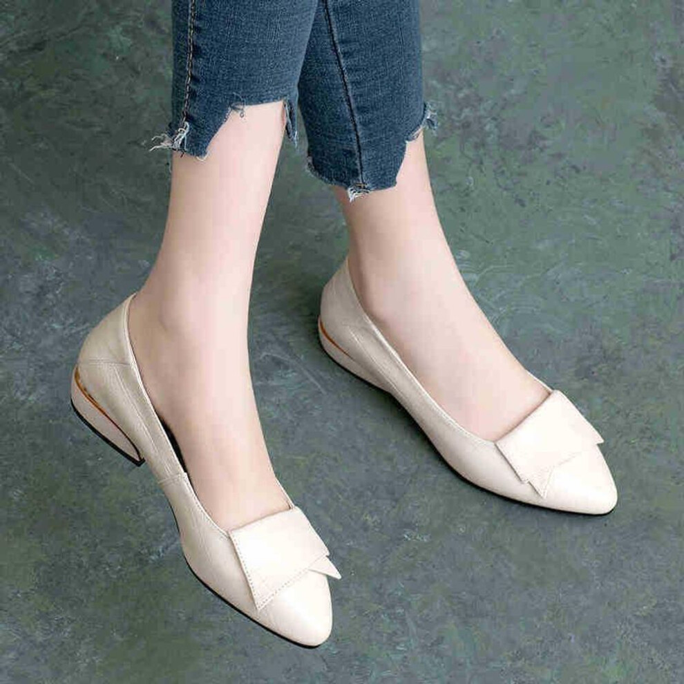 (off-white, 35) Women's Flat Shoes - 2021 New Spring & Autumn Collection, Shallow Thick Heel, Pointed Toe, Soft Leather & Sole, Versatile Work Shoes