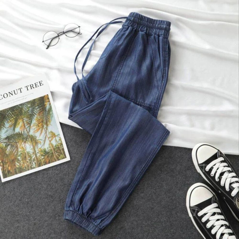 (dark blue, XL) Summer Thin Ice Silk Jeans Women Elastic High Waist Drawstring Harem Pants Loose All-matched Beam Leg Nine Points Denim Pants