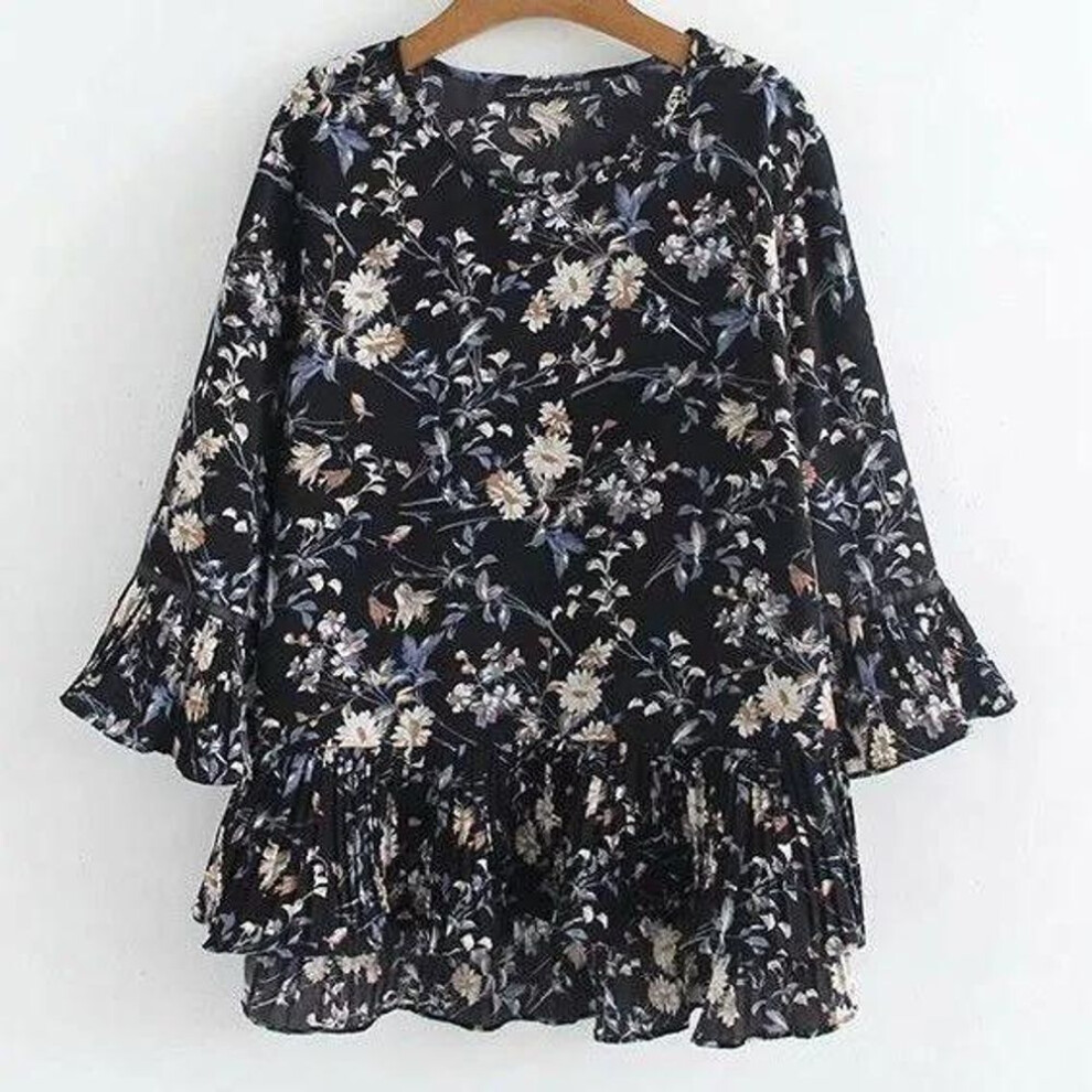 (XS, black) Women's Summer Big Size Floral Chiffon Shirt Temperament Loose Belly-shading Blouse
