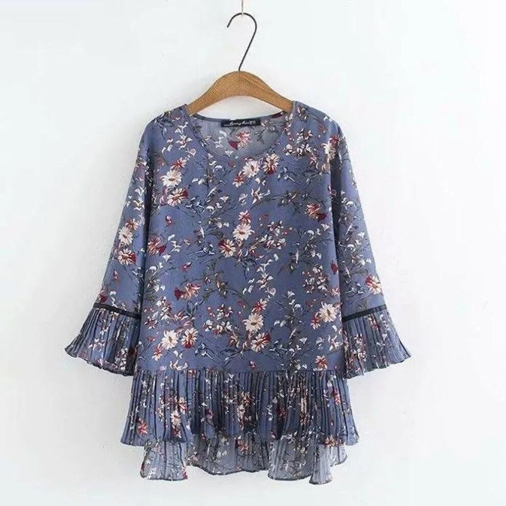 (2XL, blue) Women's Summer Big Size Floral Chiffon Shirt Temperament Loose Belly-shading Blouse