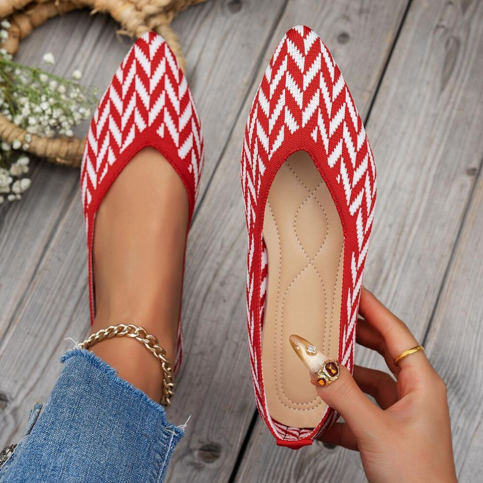 (red, 37) Spring Autumn New Knitted Pointed Flat Bottom Single Shoes Women's Casual Shallow Mouth Women's Shoes
