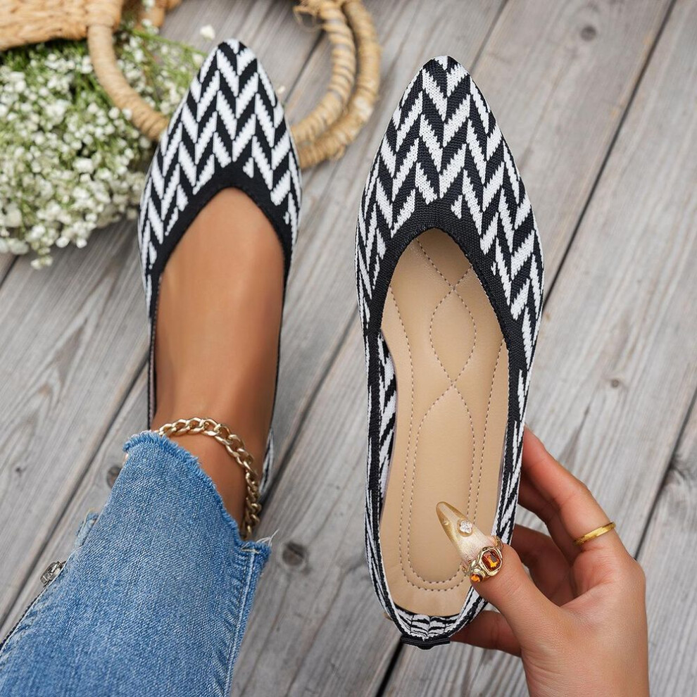 (black, 42) Spring Autumn New Knitted Pointed Flat Bottom Single Shoes Women's Casual Shallow Mouth Women's Shoes