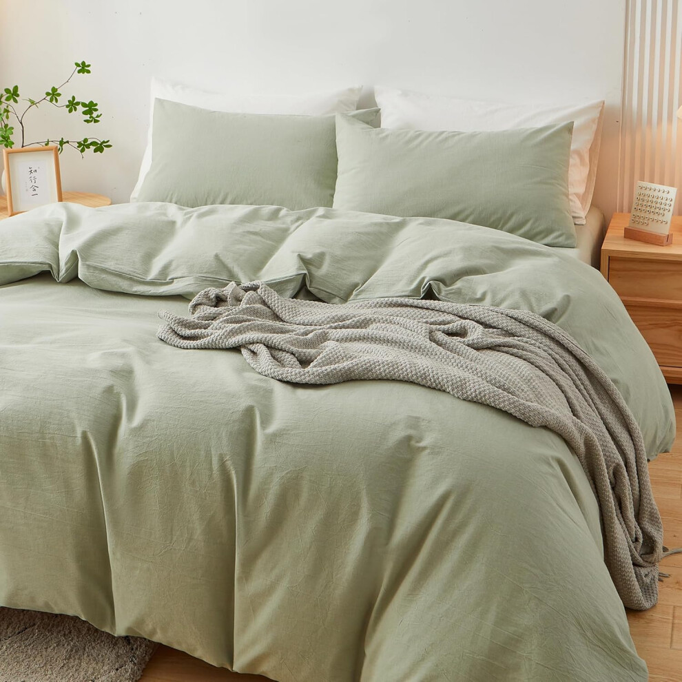 (Beige (No Comforter), King(104" x 90")) XINMIANFANG 100% Washed Cotton Duvet Cover Queen Size Sage Green Linen Look Texture Bedding Sets with Zipper Solid 3 Pcs Comforter Cover ...