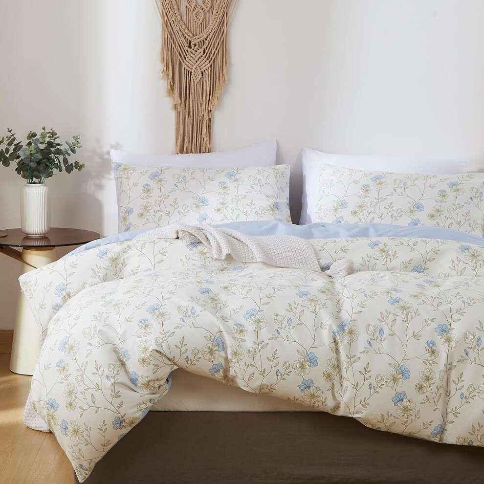 (Blue Floral, Queen(90"x90")) Sedefen Cotton Floral Duvet Cover Queen Size Reversible White Blue Botanical Duvet Cover Set 3 Pcs Aesthetic Chic Garden Style Floral Bed...
