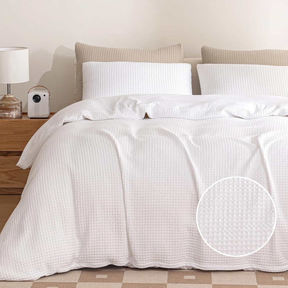 (White, King) Jessrydo Waffle Duvet Cover King Size Soft Breathable Cooling Luxury 3 Pcs Waffle Bedding Set with 1 Waffle Weave Duvet Cover and 2 Pillo...