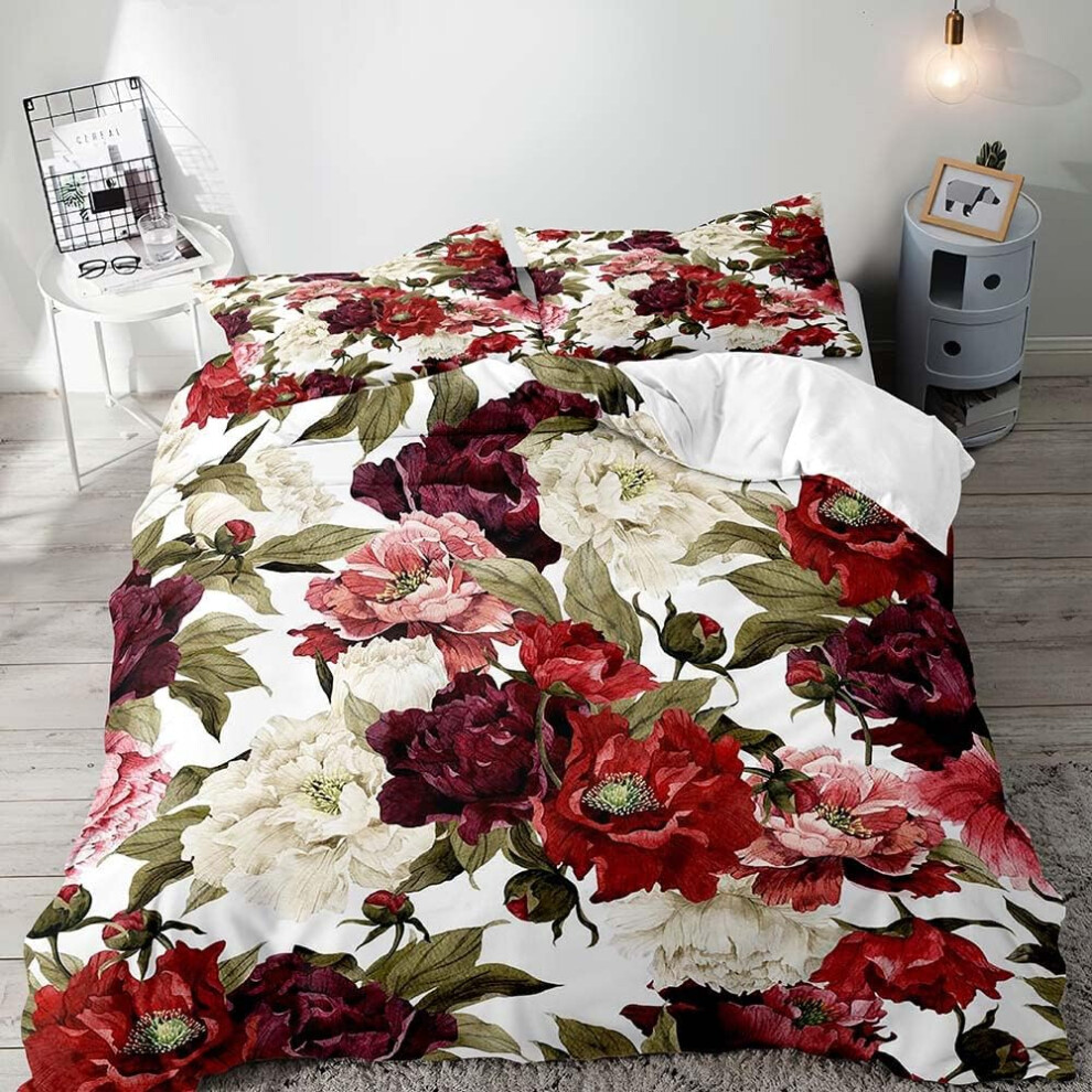 (Blooming Peony (No Comforter), Twin) LUVIVIHOME 3PCS White Pink Red Burgundy Floral Duvet Cover King Bedding Set, Shabby Chic Watercolor Vintage Flower Peony Rose Green Leave...
