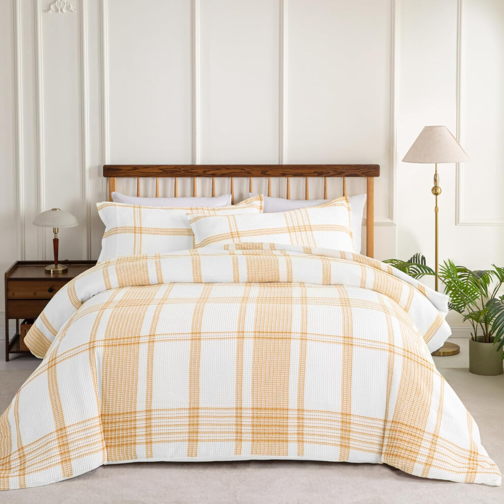 (Blue, King) Sophia & William Cotton Comforter Cover Set King Size, Waffle Weave White Duvet Cover Set 3 Piece, White + Yellow