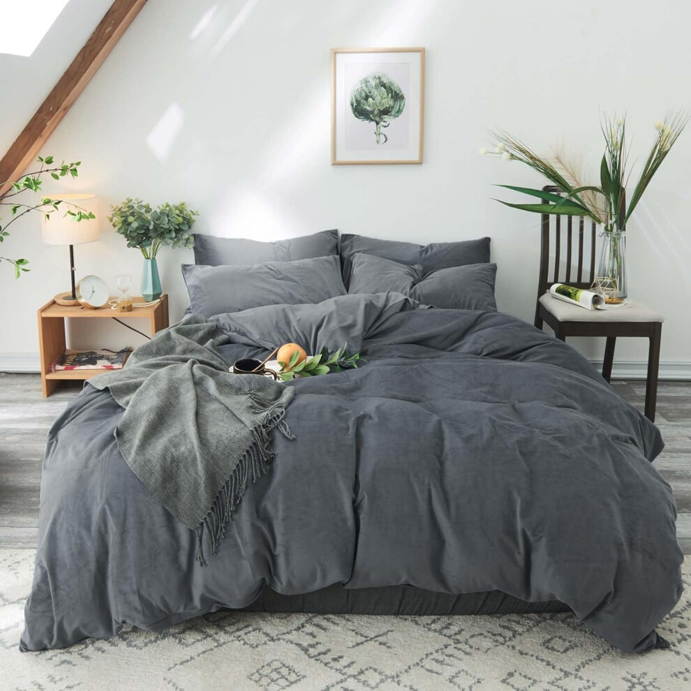 (Navy Blue, Full 80”×90“) Dark Gray Velvet duvet cover large sage green duvet cover three piece set, ultra soft luxurious duvet cover, comfortable and warm duvet c...
