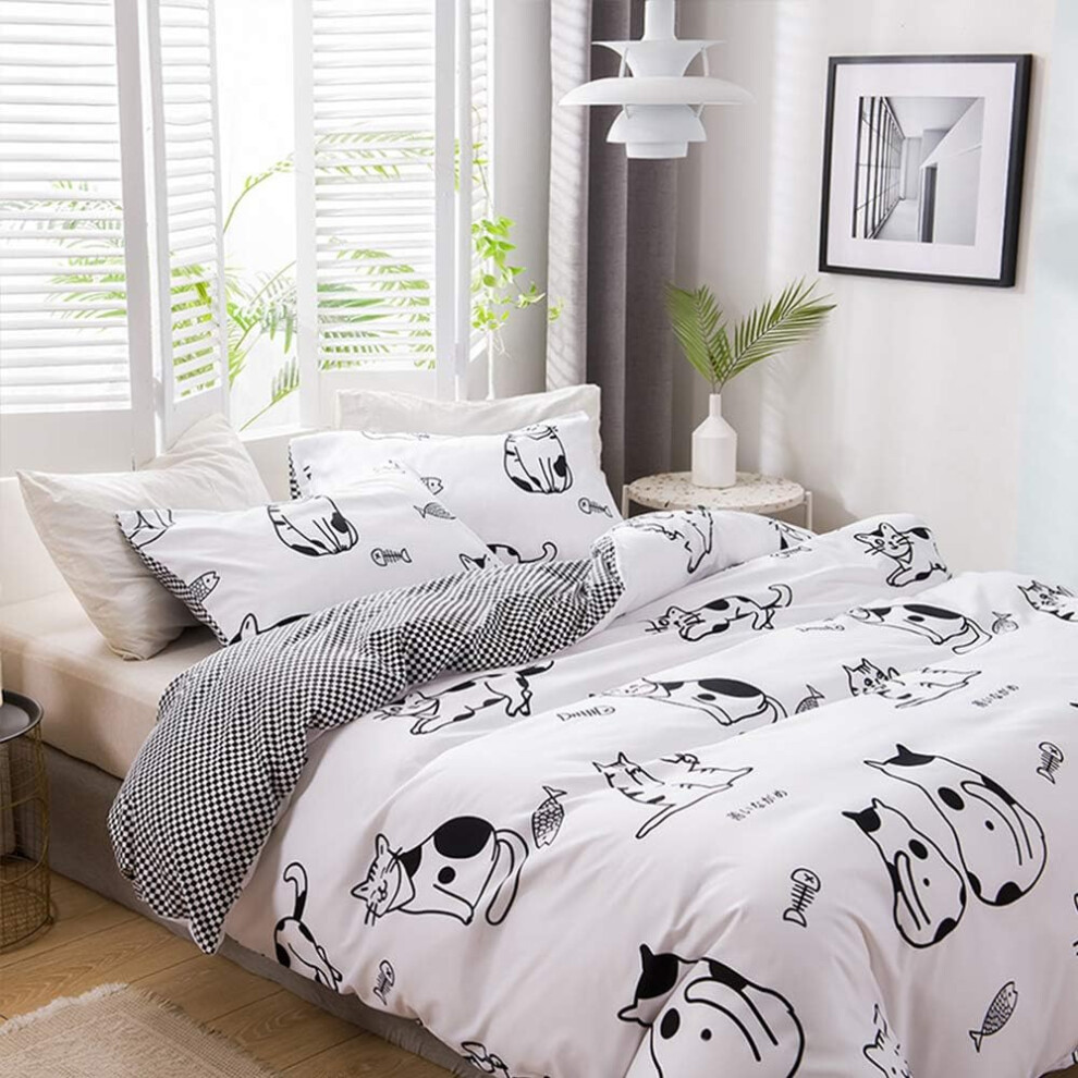 CCoutueChen Kids White Cat Duvet Cover Set Queen Size Girls Reversible Black White Geometric Grid Gingham Comforter Cover Soft Micorfiber...