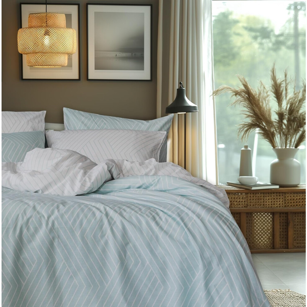 (Classy Navy, 200x200 + 2(65x65)) Duvet Cover Bedding Set 100% Cotton Reversible Striped Quilt Cover Set (Duck Egg, 200x200 + 2(65x65))