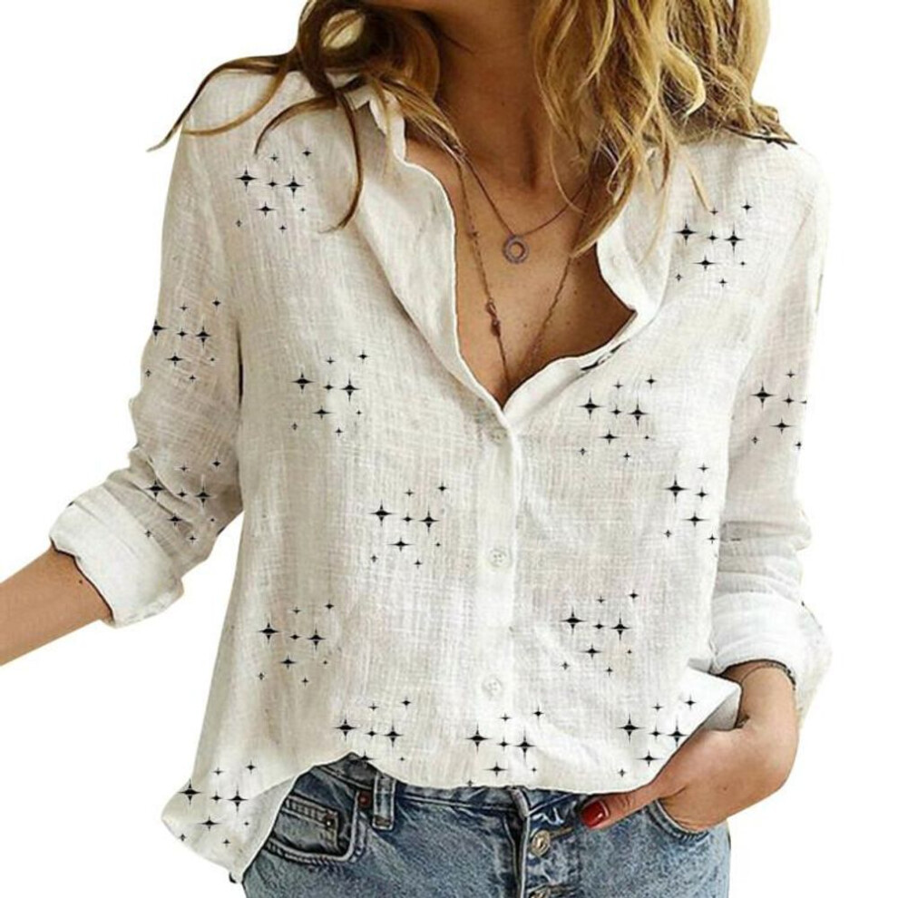 (L, white) White and Pink Stars Printed Long Sleeve Shirt with Turn Down Collar and Button Up Loose Tops for Plus Size Women