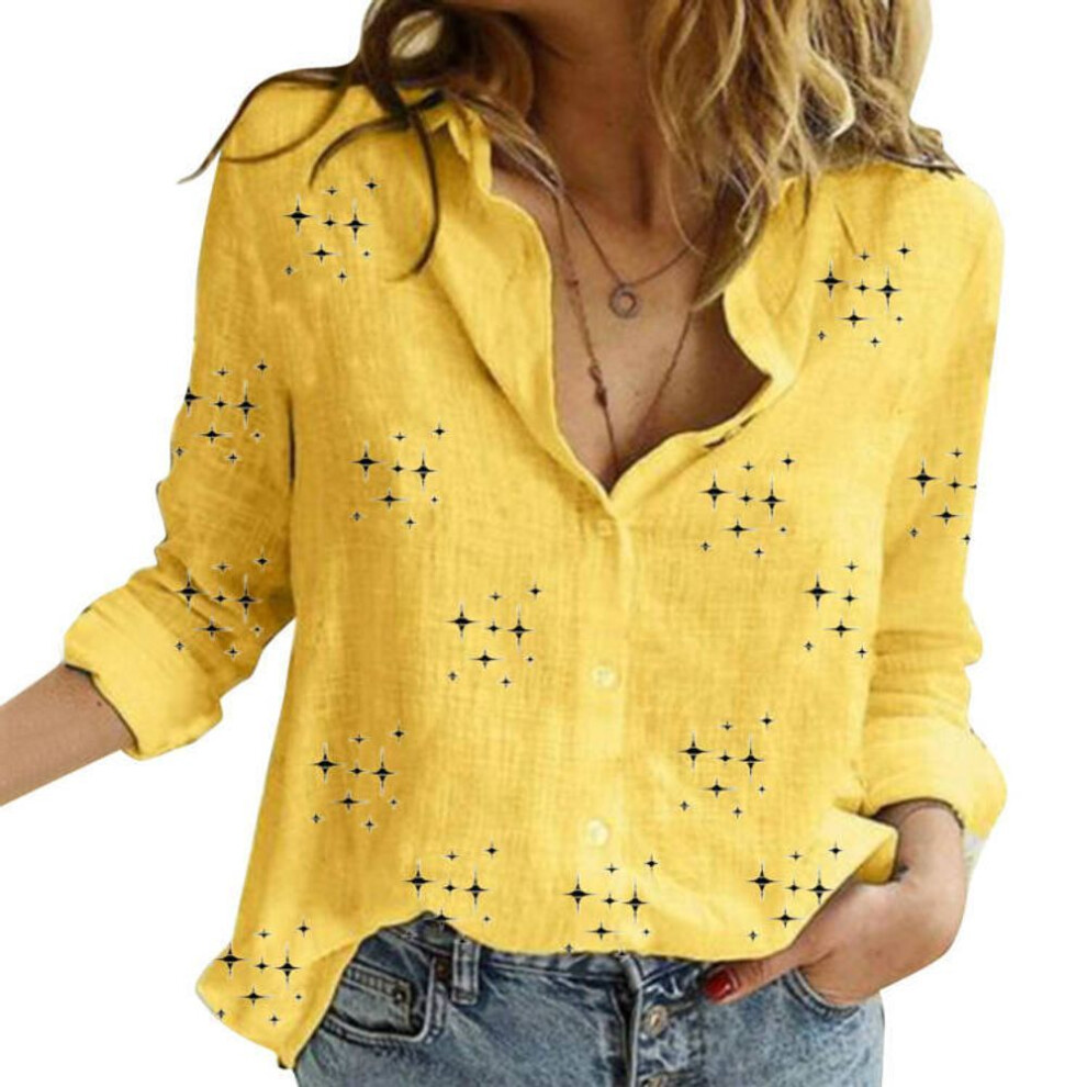 (3XL, yellow) White And Pink Stars Printed Long Sleeve Shirt With Turn Down Collar And Button Up Loose Tops For Plus Size Women