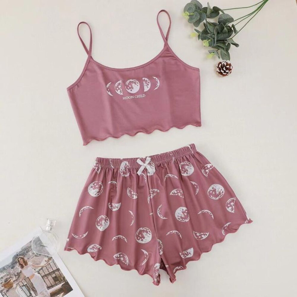 (L, pink) Women Pajamas Sleepwear Pajama Set Sports Camisole And Shorts Pink Moon And Planet Print Summer Soft Comfortabl Casual