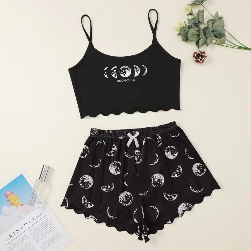 (S, black) Women Pajamas Sleepwear Pajama Set Sports Camisole And Shorts Pink Moon And Planet Print Summer Soft Comfortabl Casual